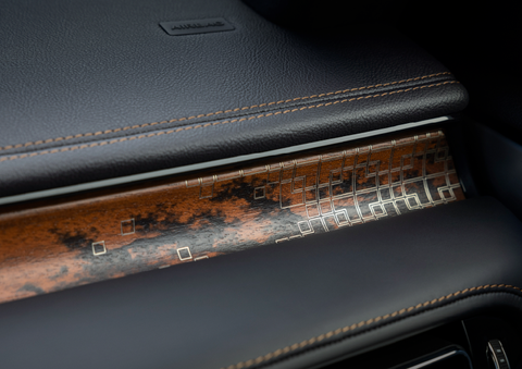 A close-up shot of the 2025 Lincoln Aviator® dashboard with unique black and brown accents, and brown stitching. | Thornhill Lincoln in Chapmanville WV