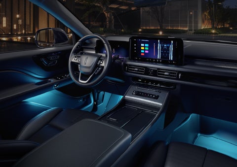 Deep blue Ambient Lighting glows from various places within a 2026 Lincoln Aviator® SUV. | Thornhill Lincoln in Chapmanville WV